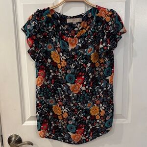 LOFT Vibrant Floral Blouse - Black, Orange, Teal, Red
